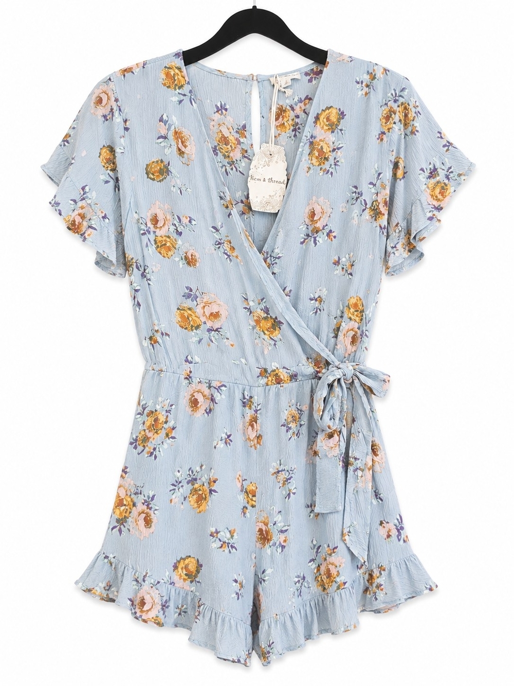 Hem & Thread Light Blue Floral Wrap Romper with Yellow Rose Print